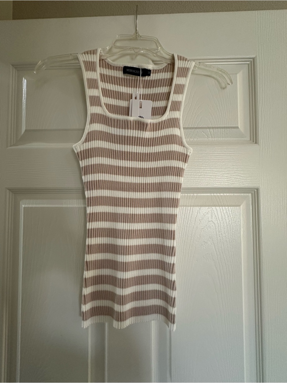 Taupe and White Ribbed Striped Tank Top